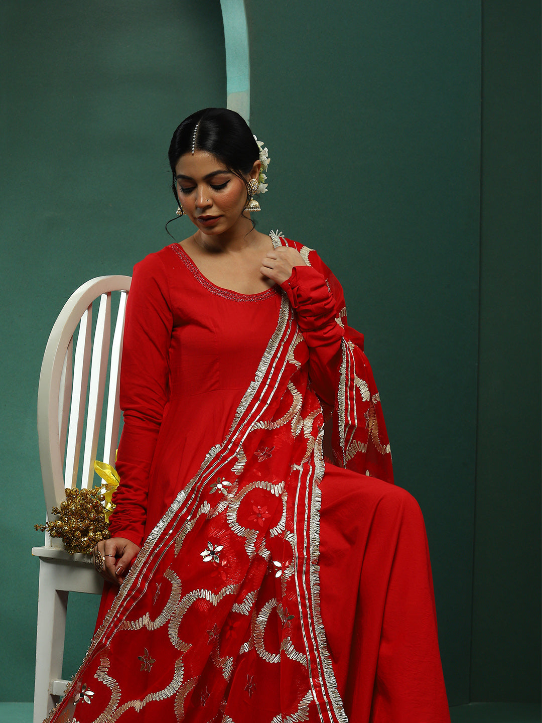 Red Anarkali Pant With Embellished Dupatta - Elganza