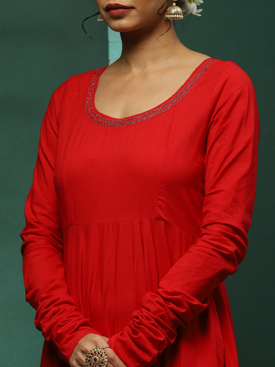 Red Anarkali Pant With Embellished Dupatta - Elganza