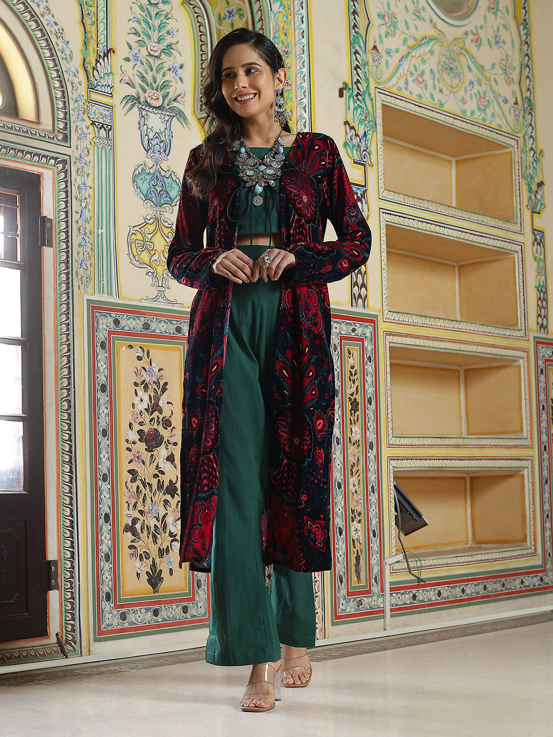 Green Crop Top Pant With Long Jacket - Elganza