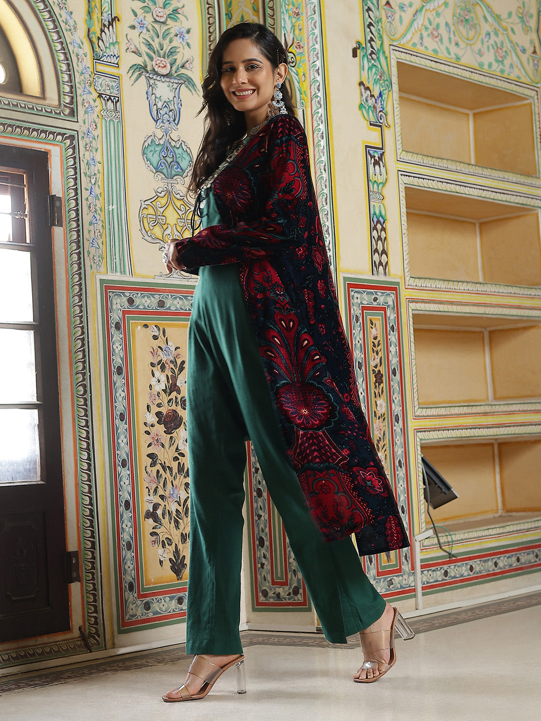 Green Crop Top Pant With Long Jacket - Elganza