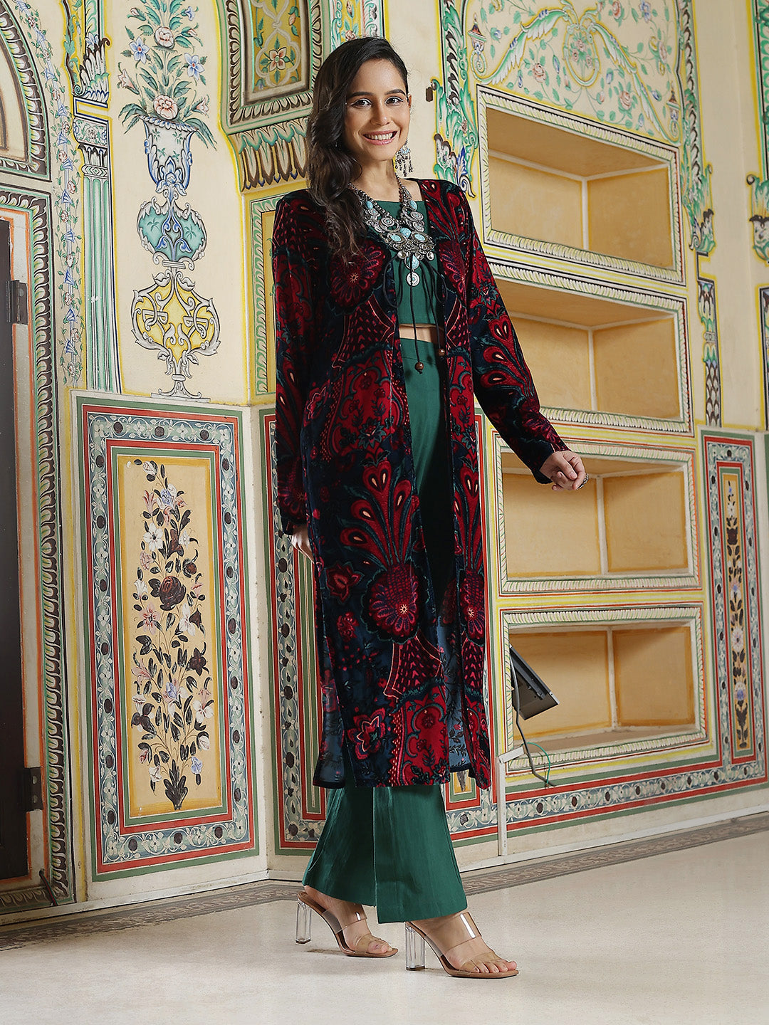 Green Crop Top Pant With Long Jacket - Elganza