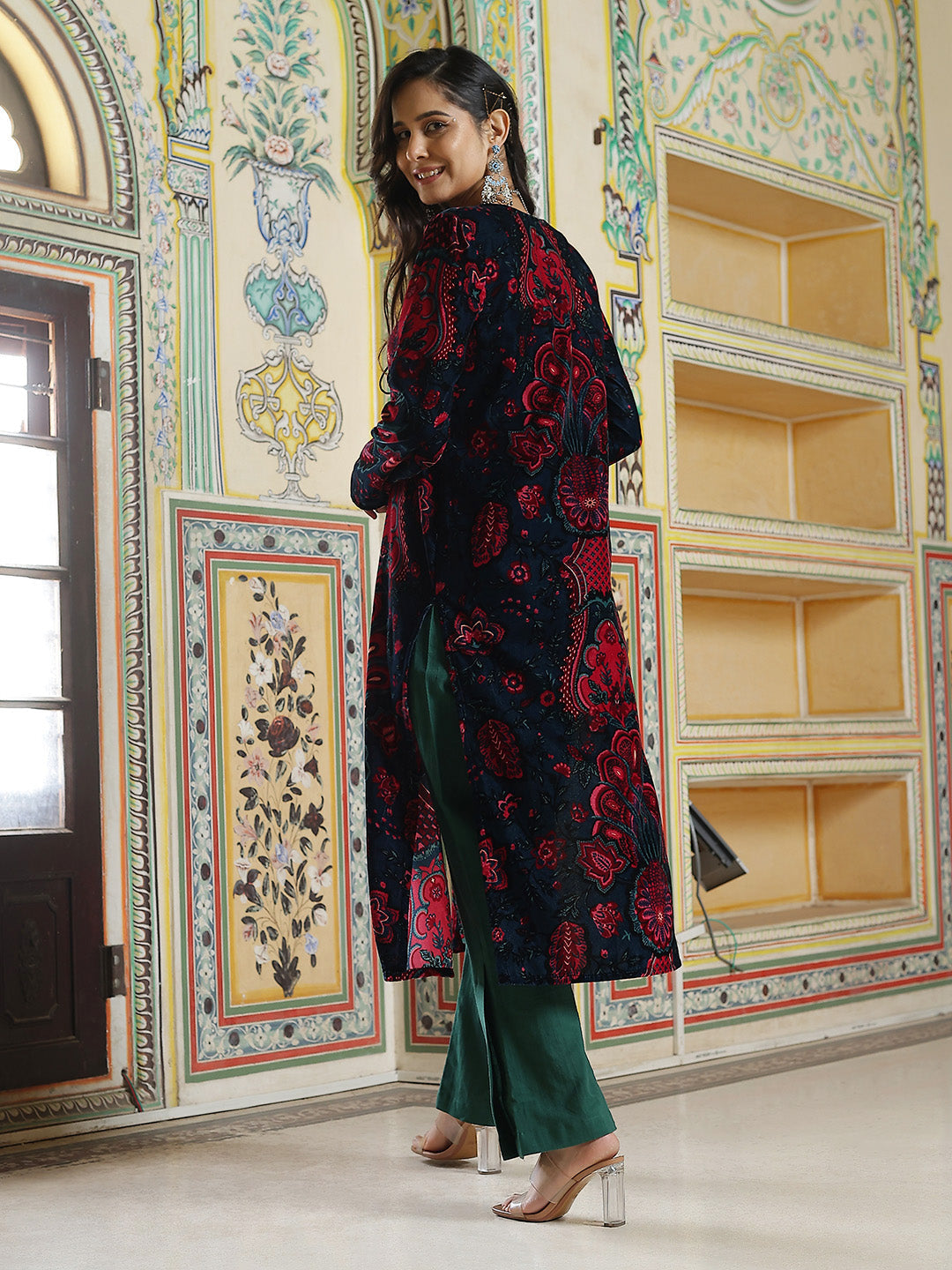 Green Crop Top Pant With Long Jacket - Elganza