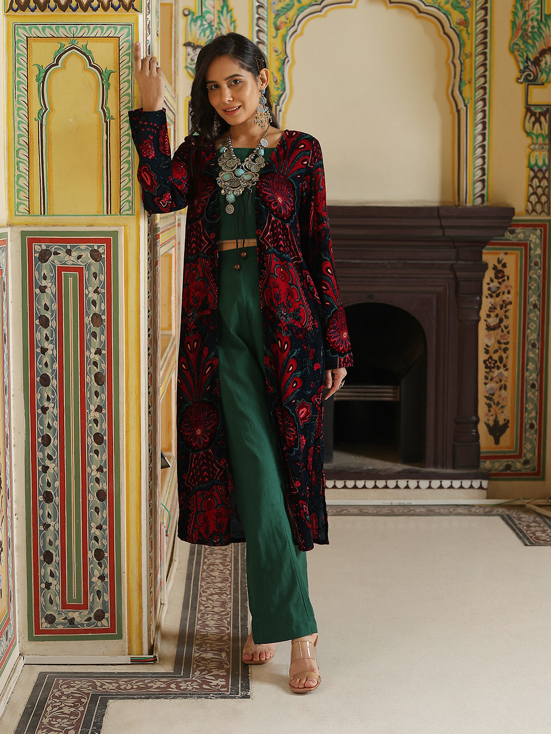 Green Crop Top Pant With Long Jacket - Elganza