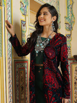 Green Crop Top Pant With Long Jacket - Elganza