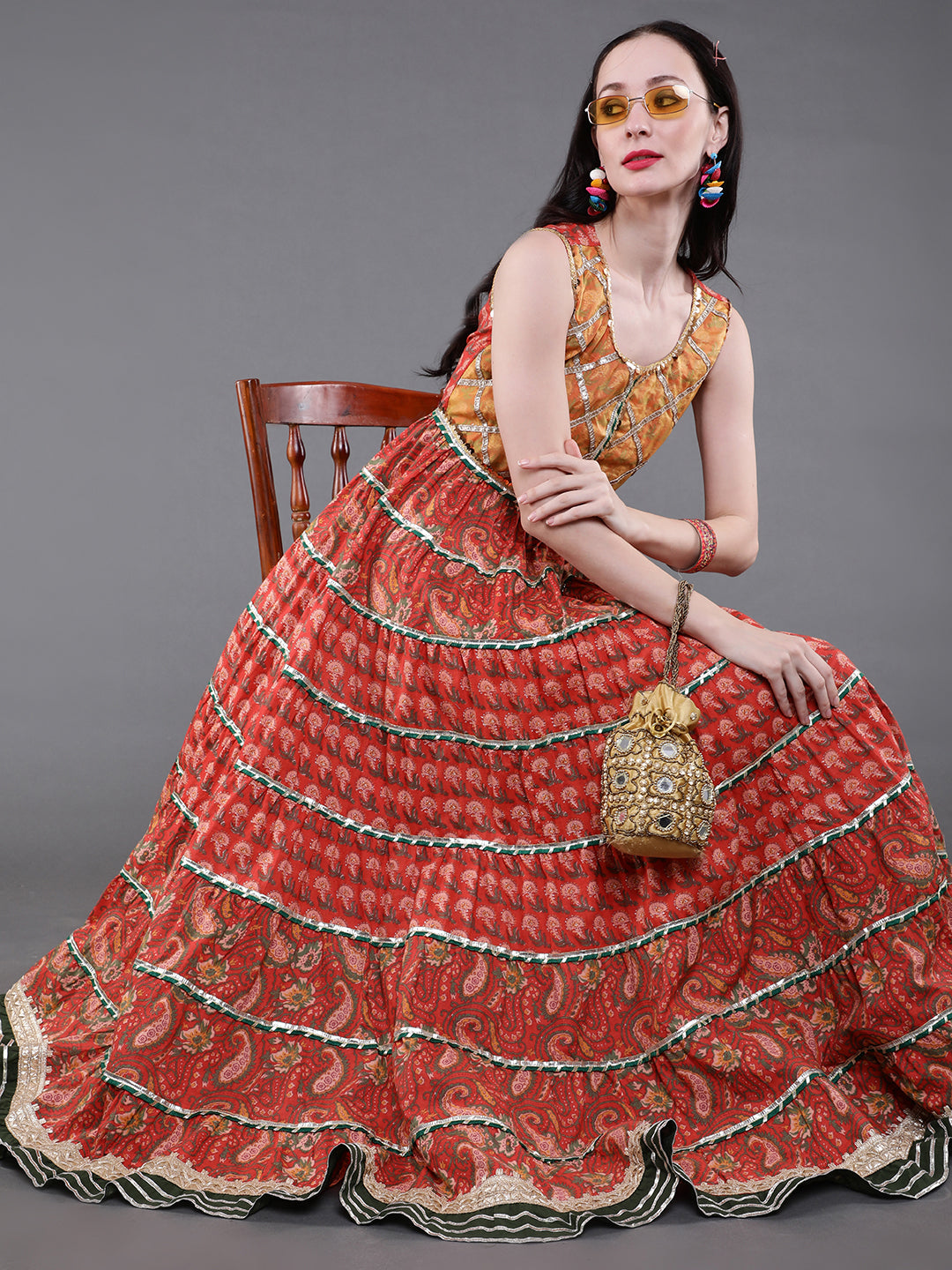 Red & Yellow Floral Print Tiered Dress With Lace Details - Elganza