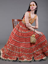 Red & Yellow Floral Print Tiered Dress With Lace Details - Elganza