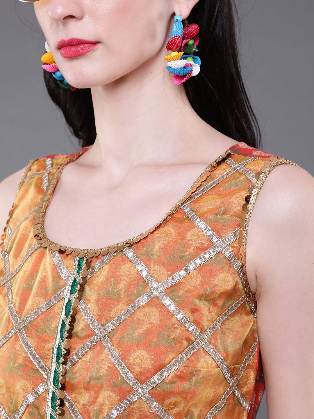 Red & Yellow Floral Print Tiered Dress With Lace Details - Elganza