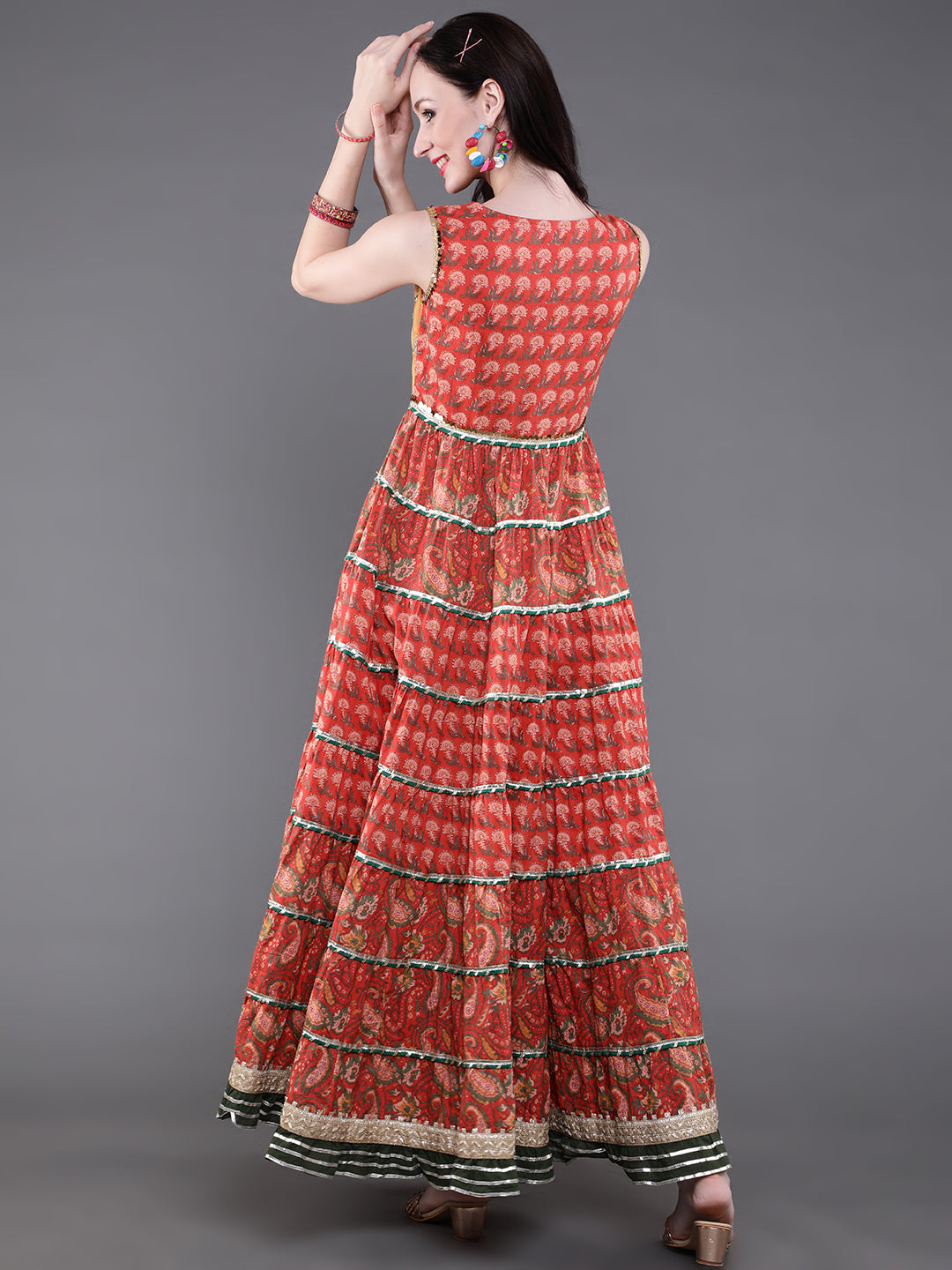 Red & Yellow Floral Print Tiered Dress With Lace Details - Elganza