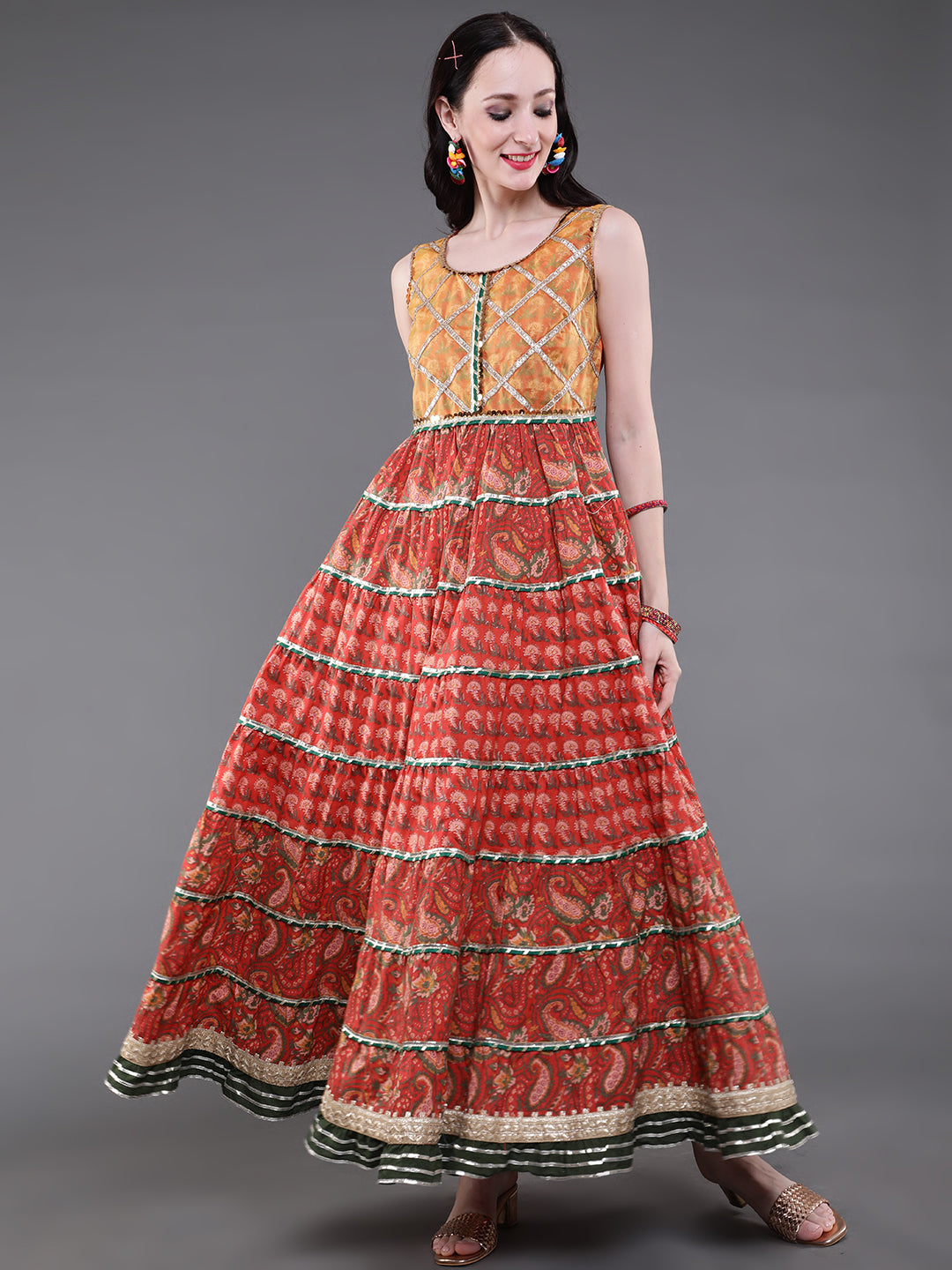 Red & Yellow Floral Print Tiered Dress With Lace Details - Elganza