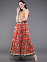 Red & Yellow Floral Print Tiered Dress With Lace Details - Elganza