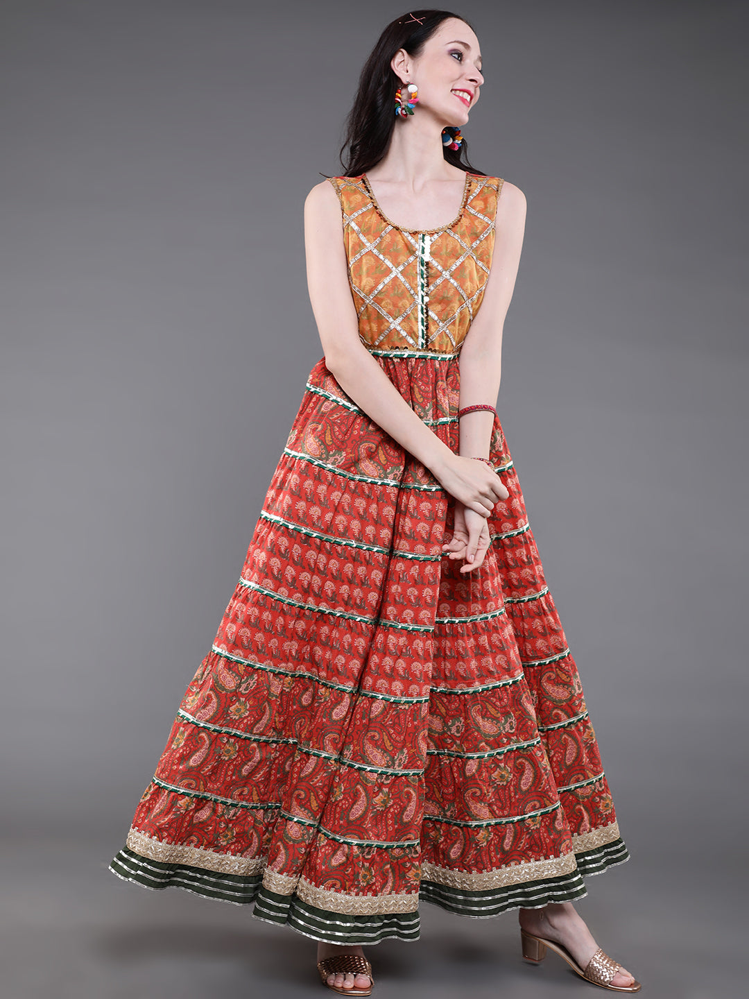 Red & Yellow Floral Print Tiered Dress With Lace Details - Elganza