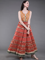 Red & Yellow Floral Print Tiered Dress With Lace Details - Elganza