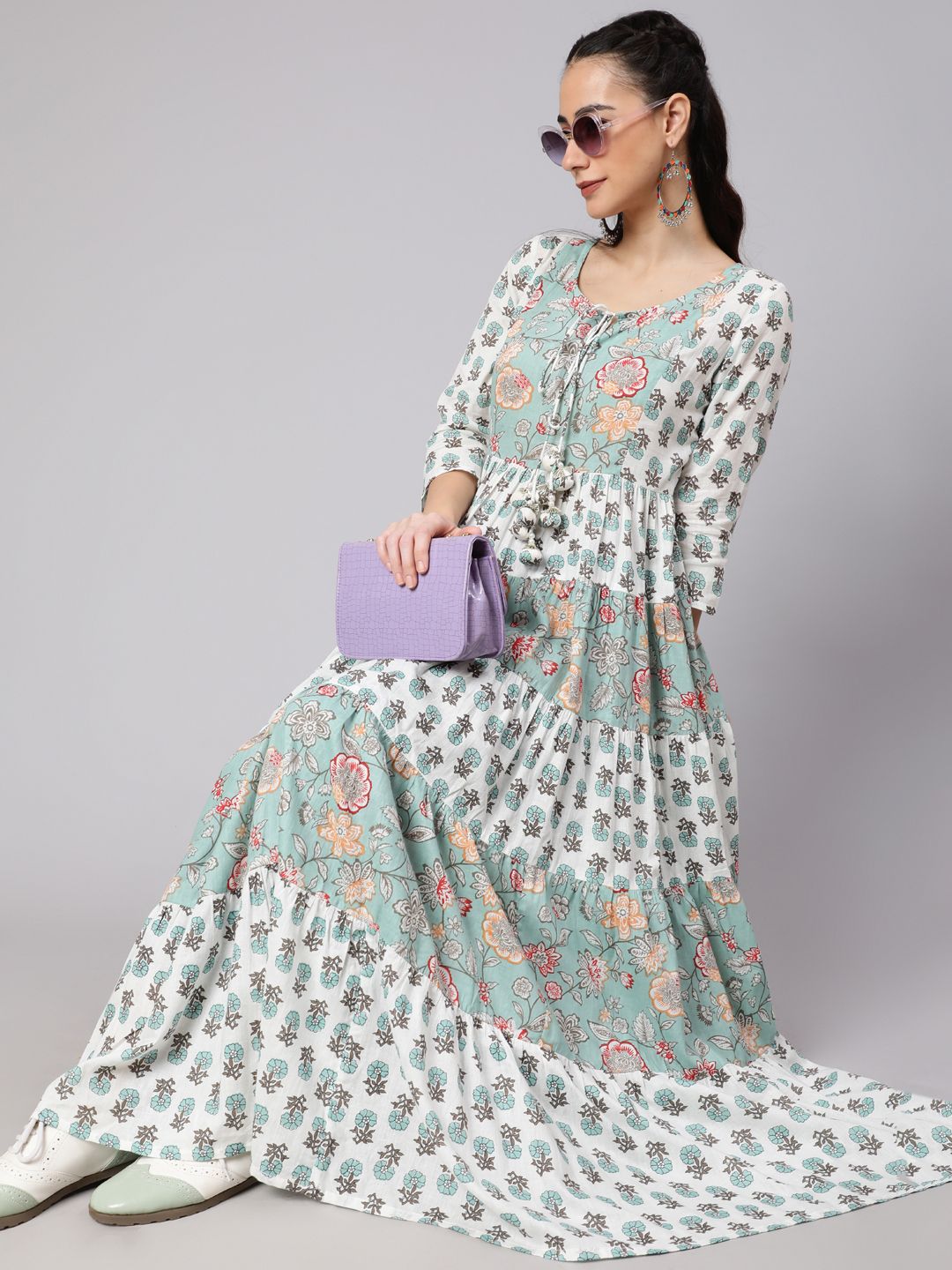 White & Green Floral Print Tiered Maxi Dress - Elganza