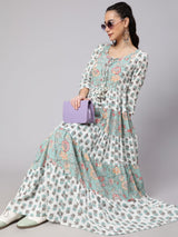 White & Green Floral Print Tiered Maxi Dress - Elganza