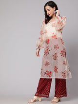 Cream Maroon Floral Print Kurta With Palazzo