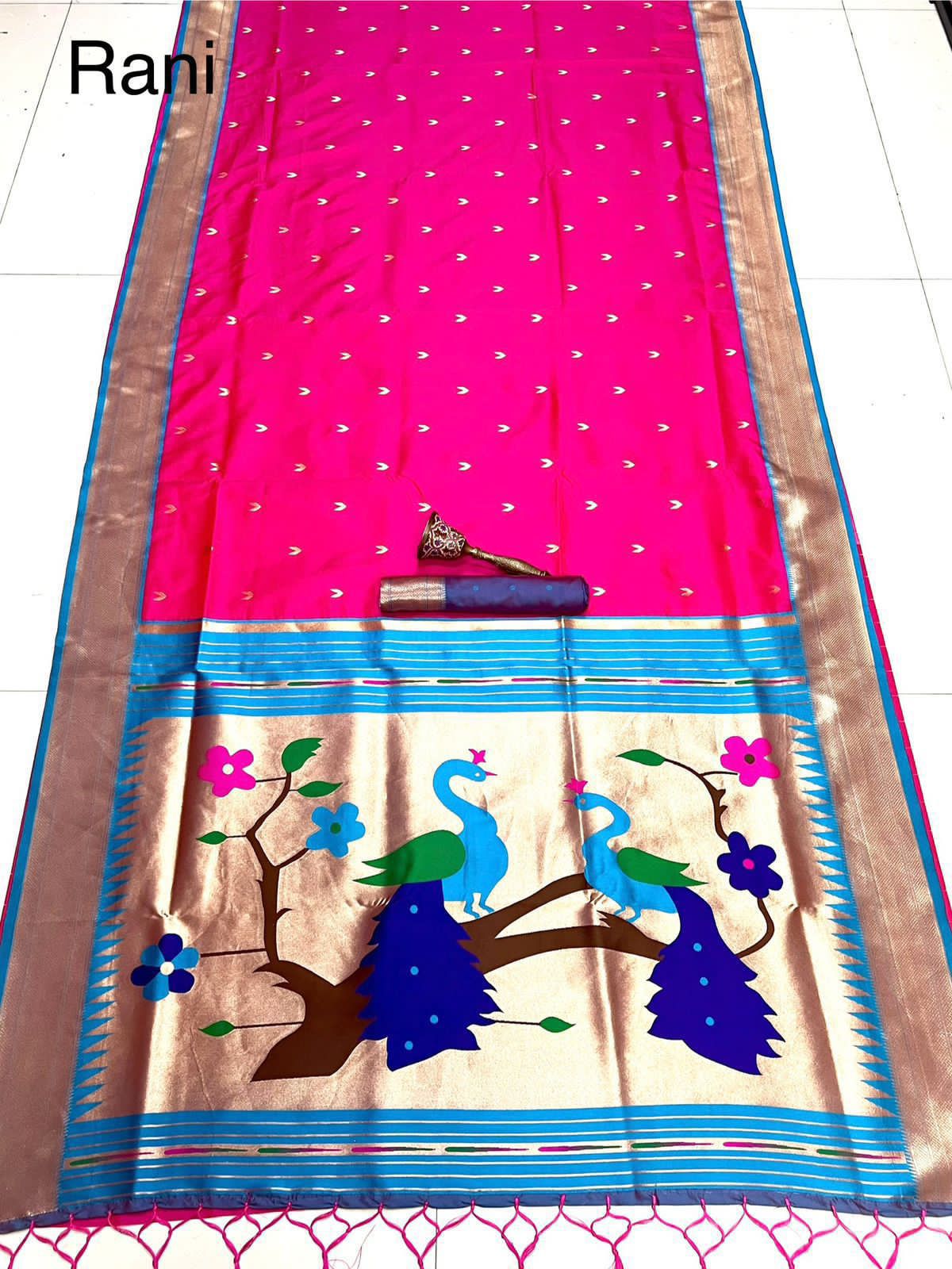 ✨ Super Hit Pure Silk Saree – Pure Soft Gold Zari Kanchivram Paithani Silk with Contrast Kadiyal Border & Heavy Mina Zari Pallu