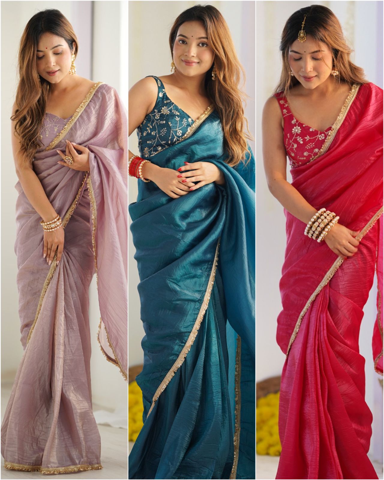 Designer Gold Crush Silk Ready-to-Wear Saree with Embroidered Blouse