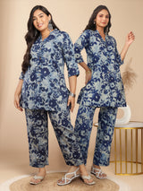 Plus Size Indigo Cotton Floral A-Line Co-ord Set