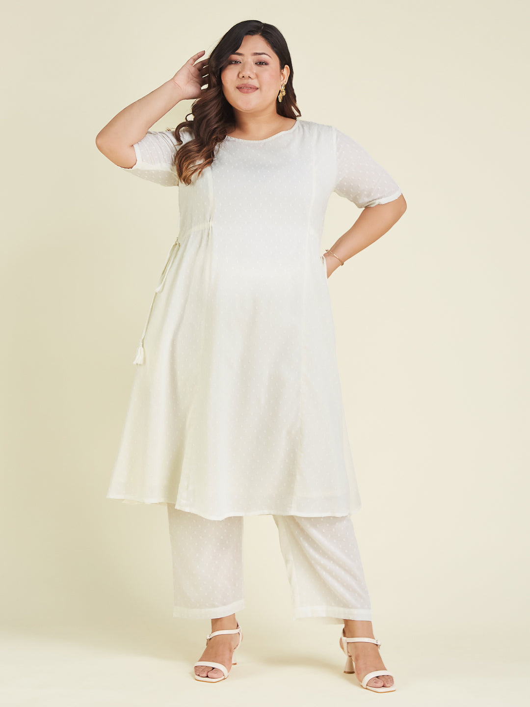 Women's Plus Size Off White Dobby Pure Cotton Self Design A-line Kurta Pant Set