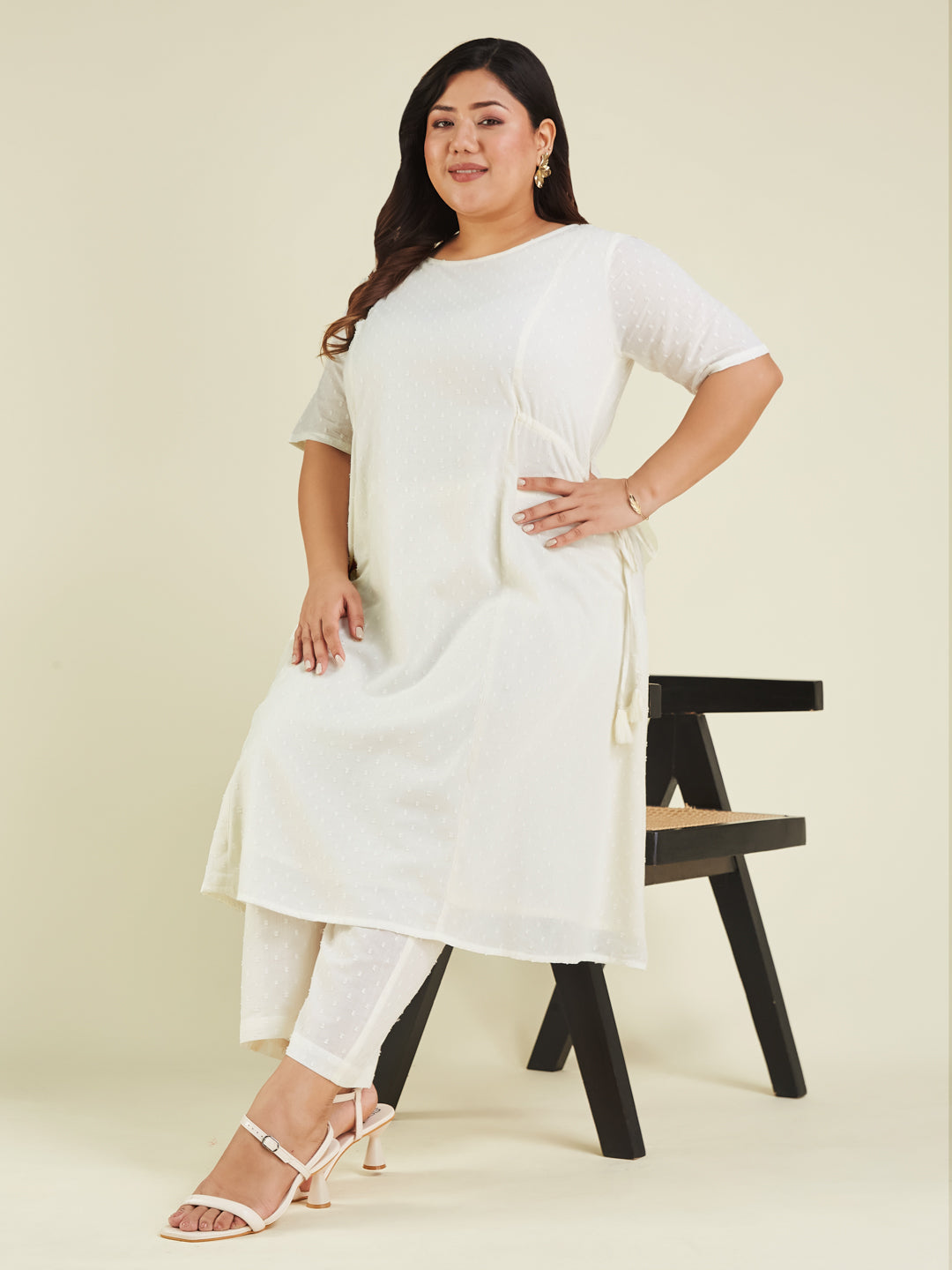 Women's Plus Size Off White Dobby Pure Cotton Self Design A-line Kurta Pant Set