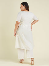 Women's Plus Size Off White Dobby Pure Cotton Self Design A-line Kurta Pant Set