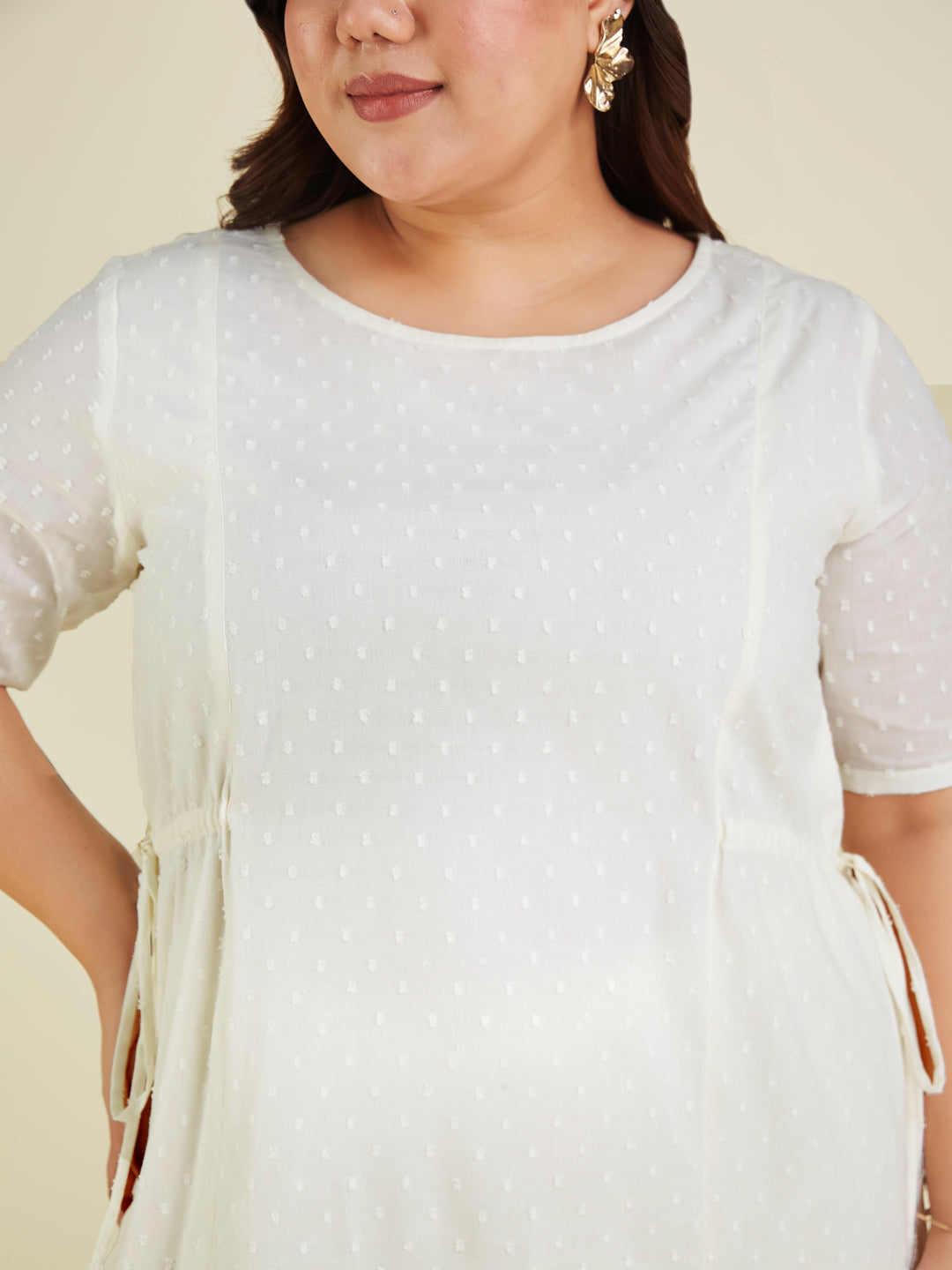 Women's Plus Size Off White Dobby Pure Cotton Self Design A-line Kurta Pant Set