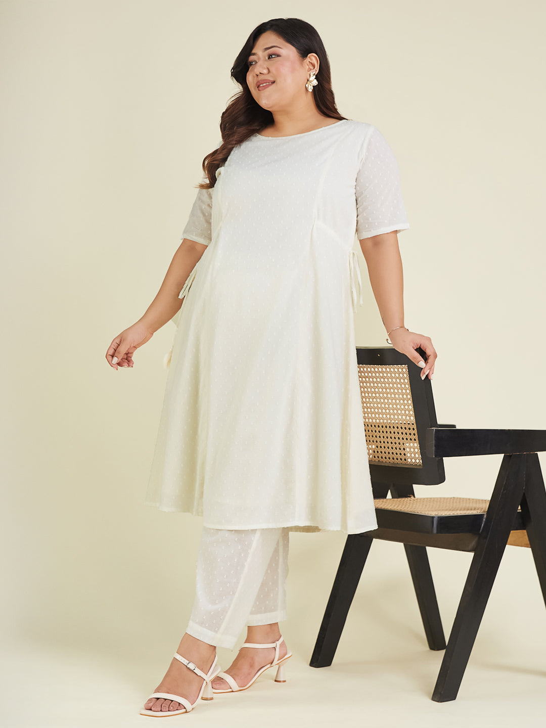 Women's Plus Size Off White Dobby Pure Cotton Self Design A-line Kurta Pant Set