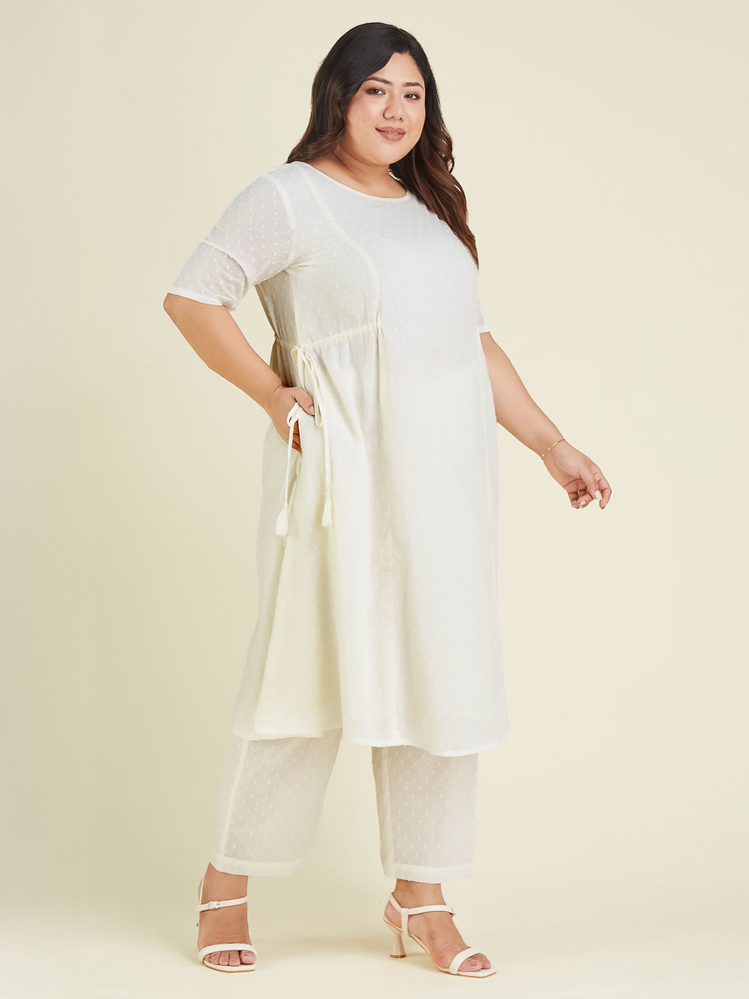 Women's Plus Size Off White Dobby Pure Cotton Self Design A-line Kurta Pant Set