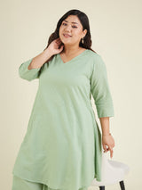 Women's Plus Size Green Dobby Pure Cotton Solid A-line Kurta Set