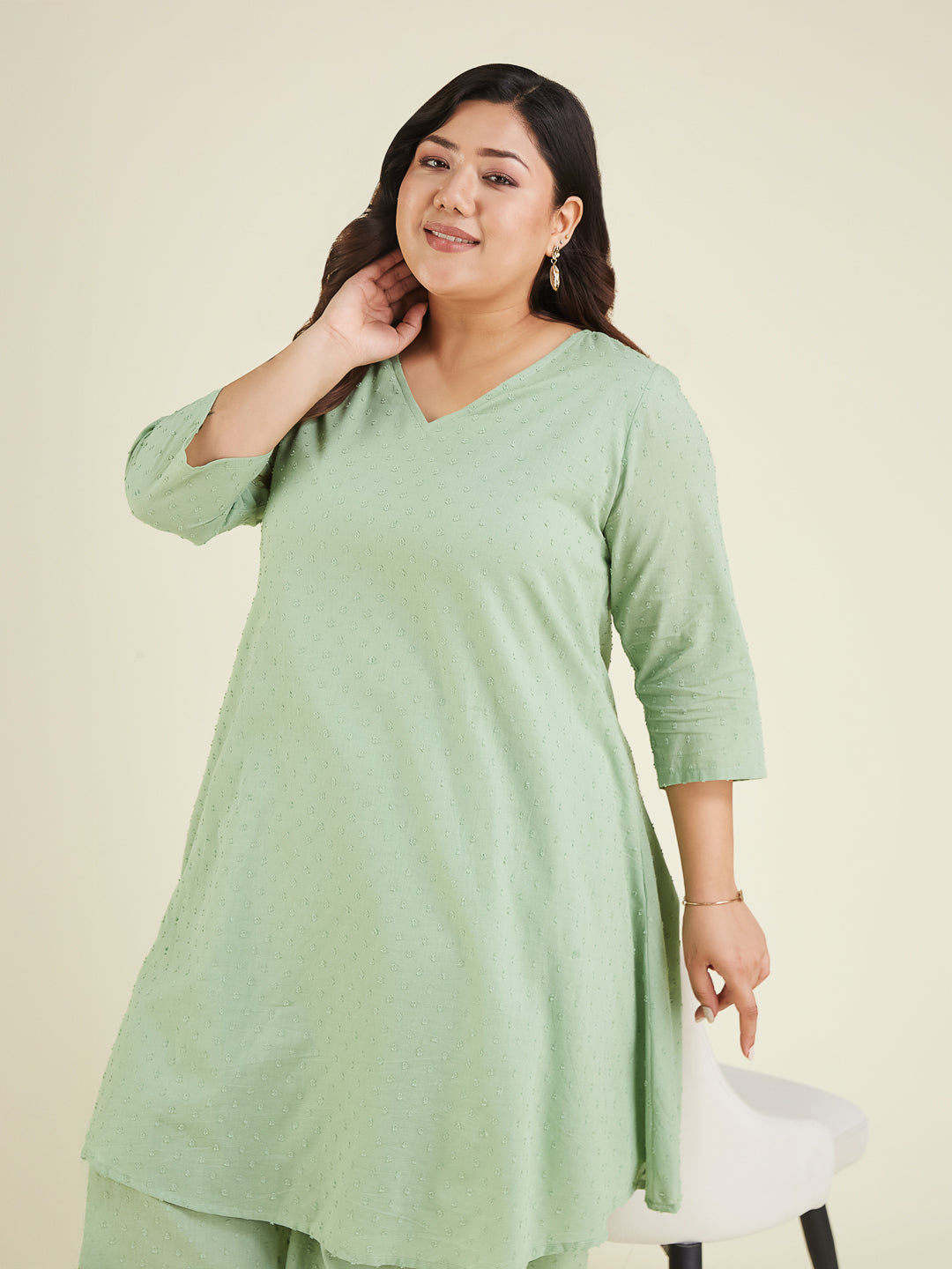 Women's Plus Size Green Dobby Pure Cotton Solid A-line Kurta Set