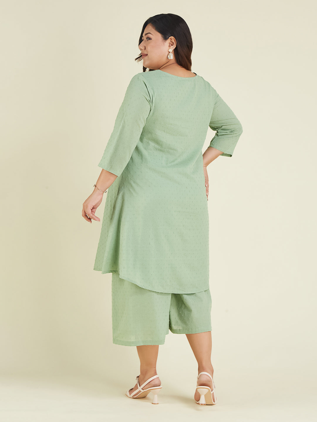 Women's Plus Size Green Dobby Pure Cotton Solid A-line Kurta Set