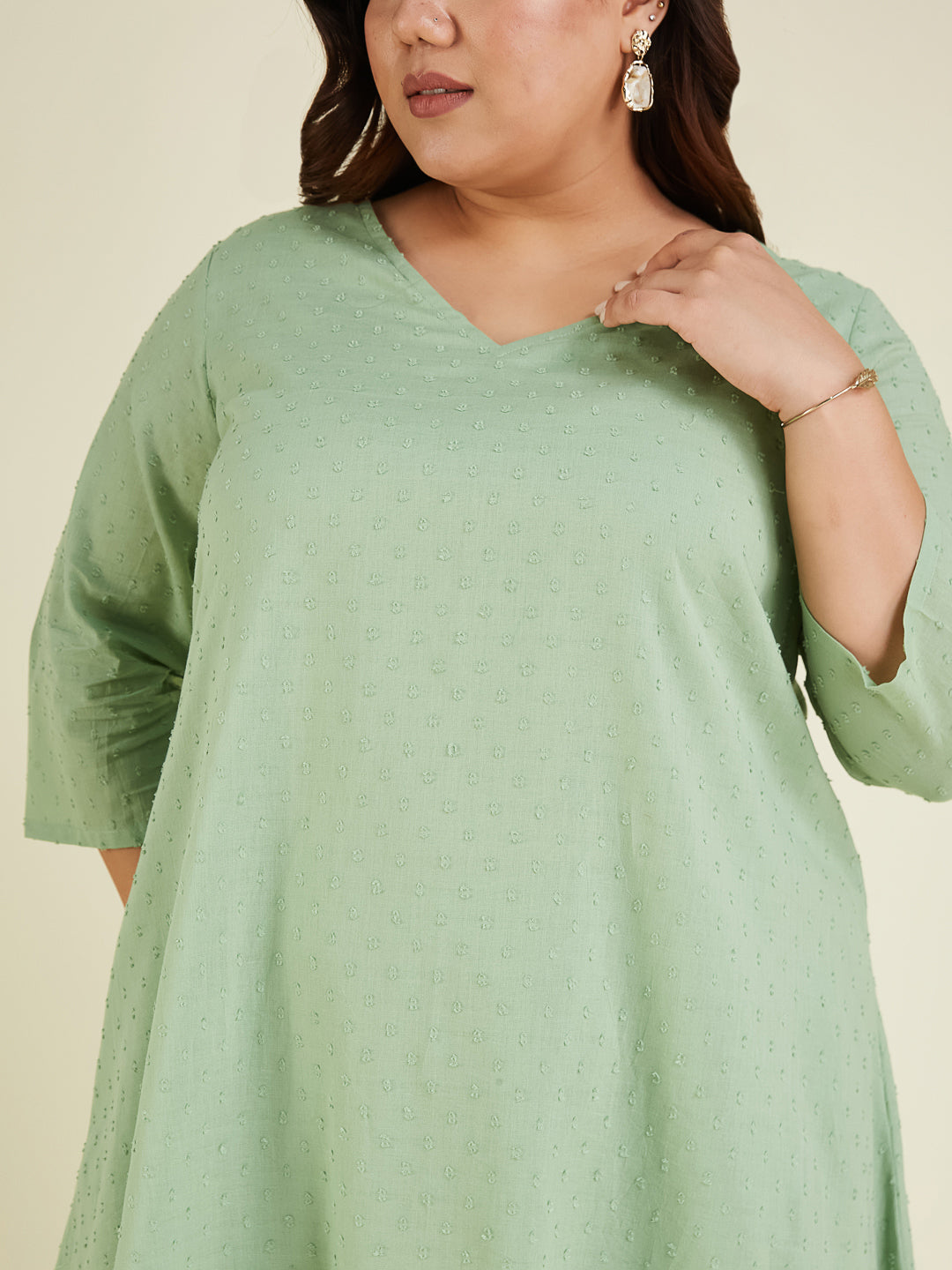 Women's Plus Size Green Dobby Pure Cotton Solid A-line Kurta Set