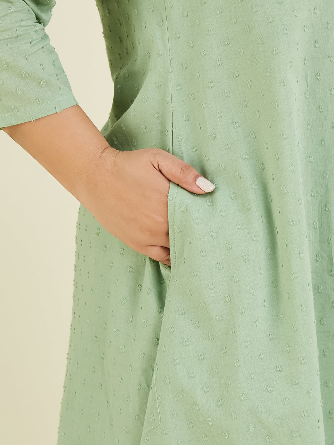 Women's Plus Size Green Dobby Pure Cotton Solid A-line Kurta Set