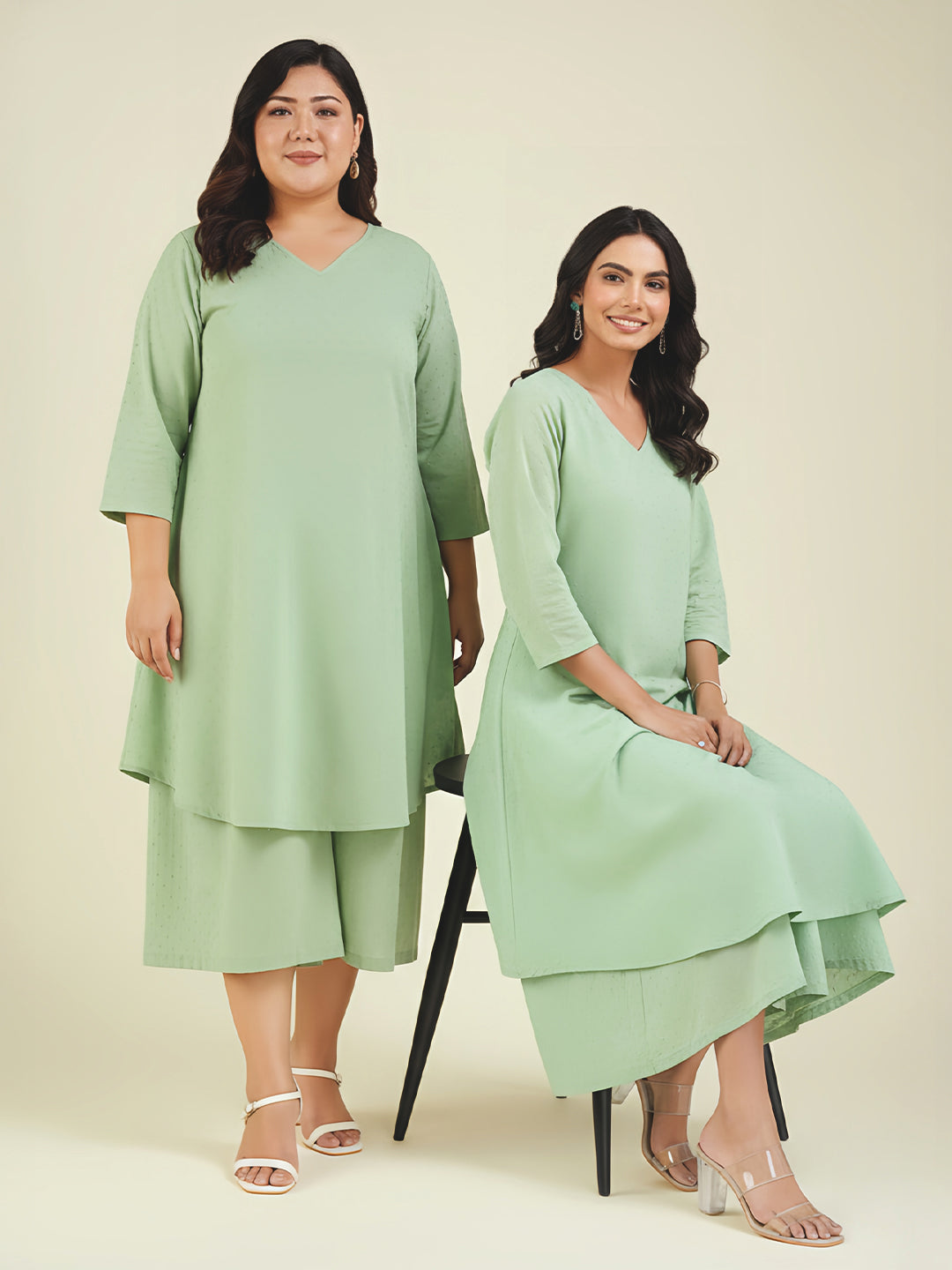 Women's Plus Size Green Dobby Pure Cotton Solid A-line Kurta Set