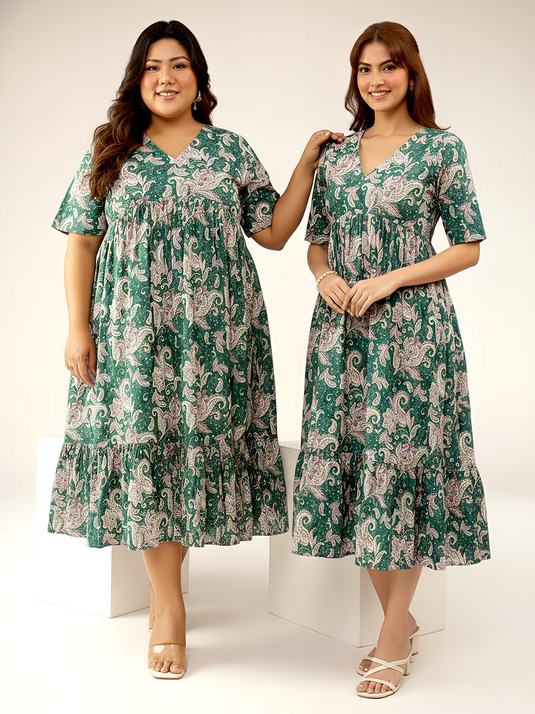 Green Pure Cotton Printed Floral Tiered Dress