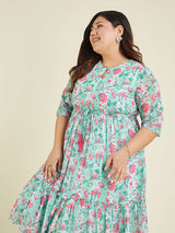 Women's Plus Size Aqua Georgette Floral Printed Fit & Flare Dress