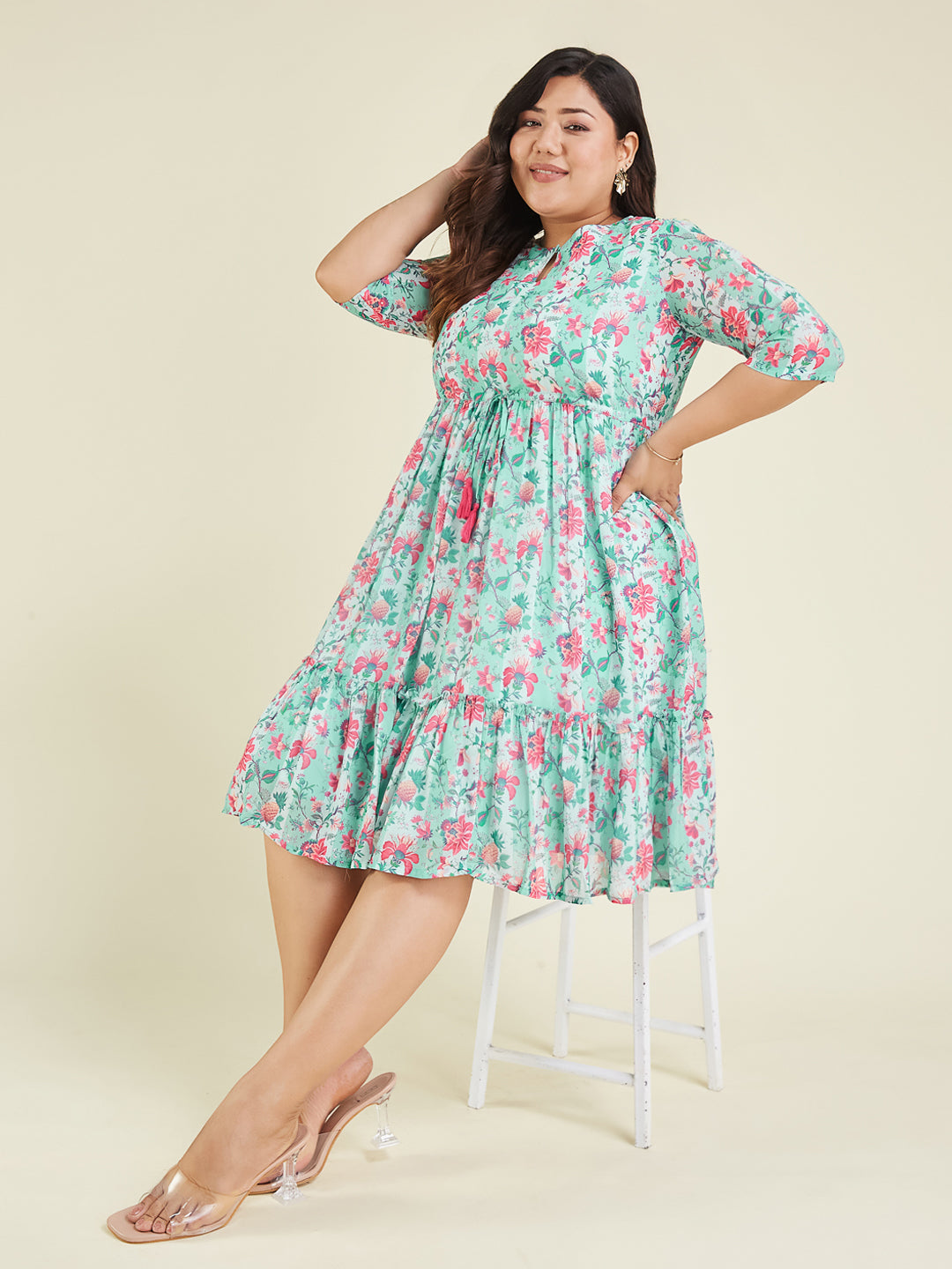 Women's Plus Size Aqua Georgette Floral Printed Fit & Flare Dress
