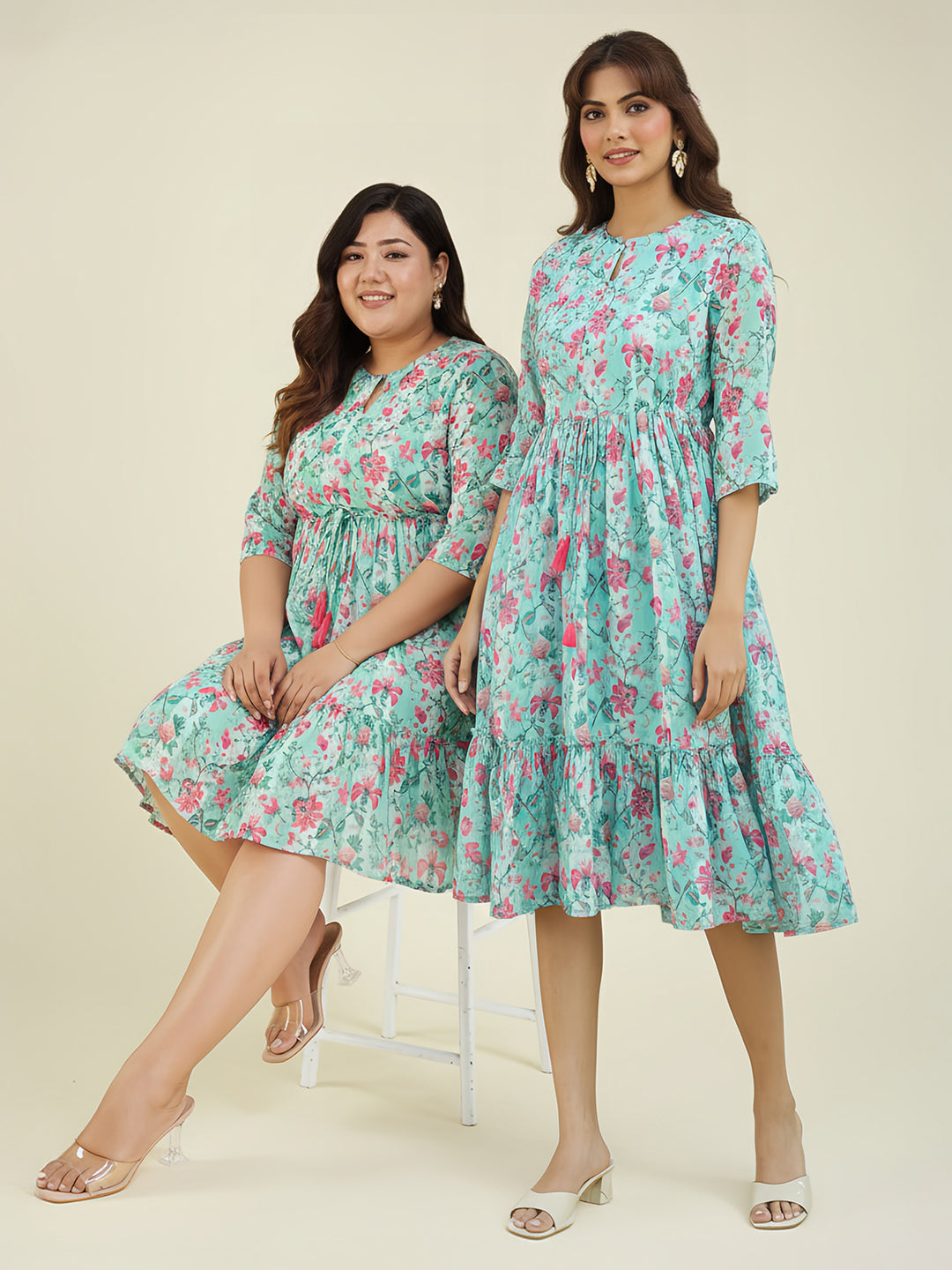 Women's Plus Size Aqua Georgette Floral Printed Fit & Flare Dress