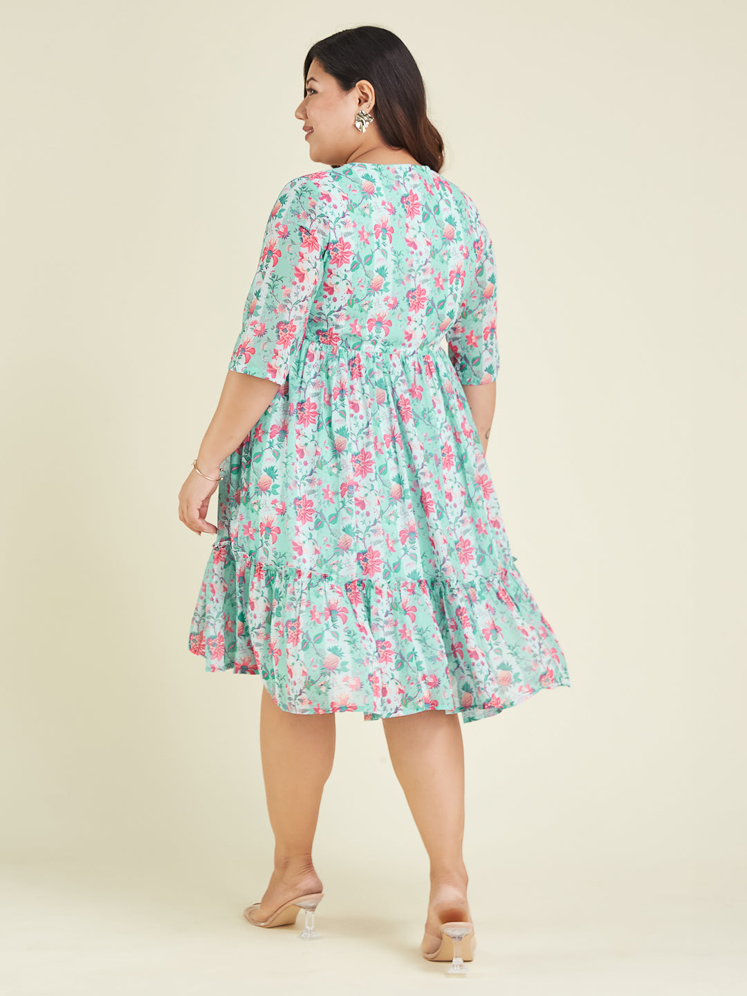Women's Plus Size Aqua Georgette Floral Printed Fit & Flare Dress
