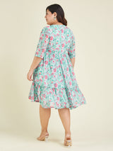 Women's Plus Size Aqua Georgette Floral Printed Fit & Flare Dress