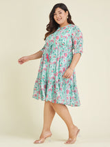 Women's Plus Size Aqua Georgette Floral Printed Fit & Flare Dress