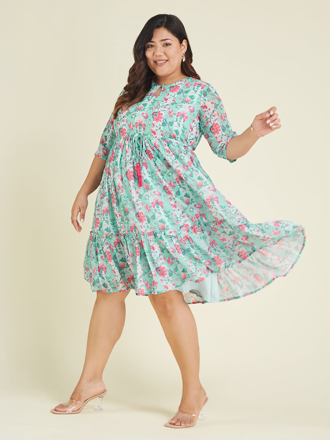 Women's Plus Size Aqua Georgette Floral Printed Fit & Flare Dress