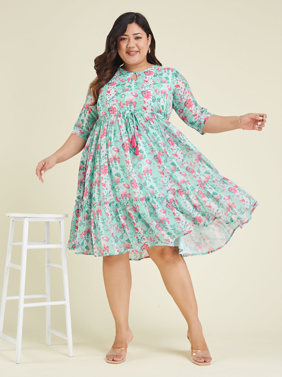 Women's Plus Size Aqua Georgette Floral Printed Fit & Flare Dress
