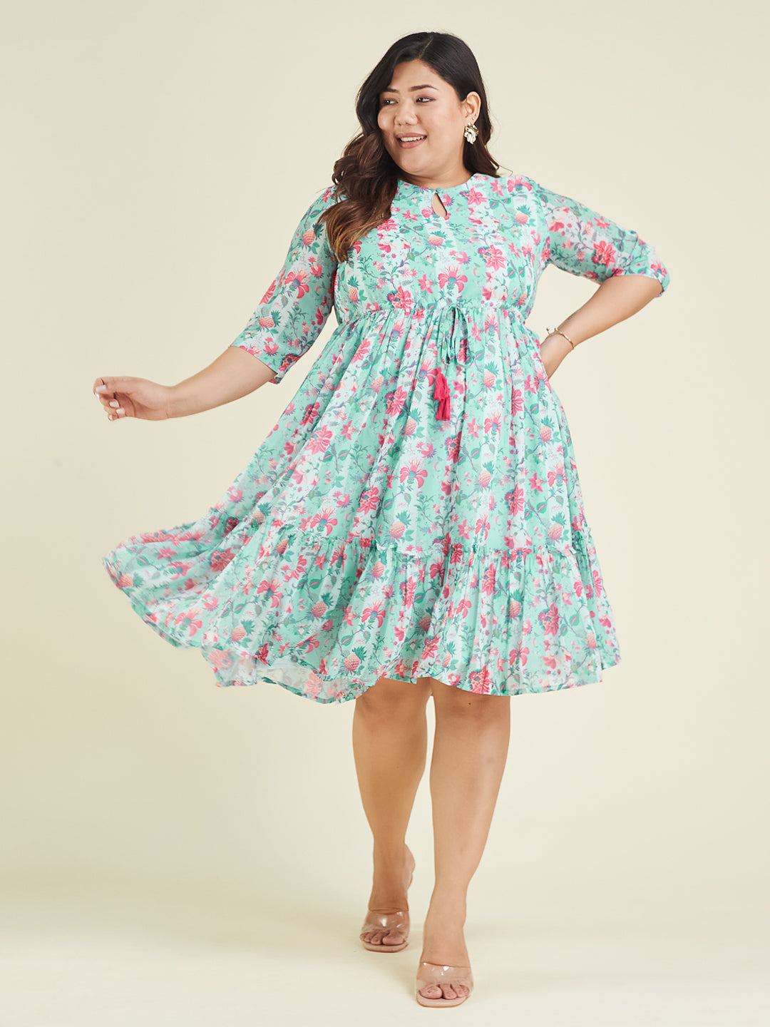 Women's Plus Size Aqua Georgette Floral Printed Fit & Flare Dress