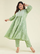 Women's Light Green Pure Cotton Embroidered A-line Kurta Set