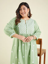 Women's Light Green Pure Cotton Embroidered A-line Kurta Set