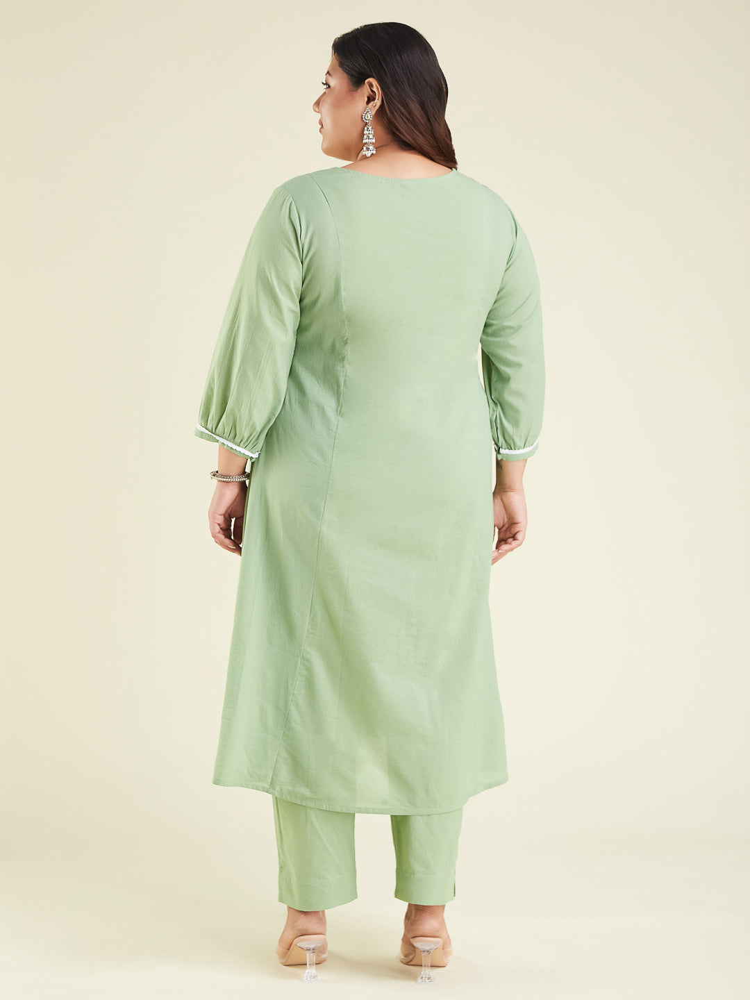 Women's Light Green Pure Cotton Embroidered A-line Kurta Set