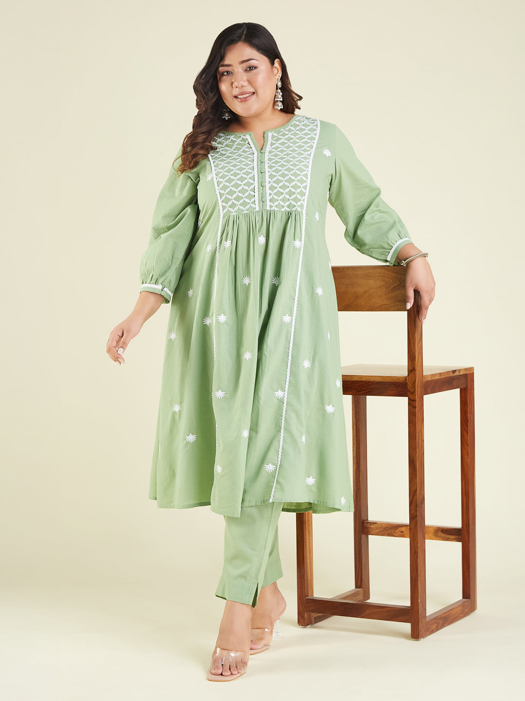 Women's Light Green Pure Cotton Embroidered A-line Kurta Set