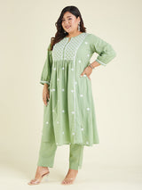 Women's Light Green Pure Cotton Embroidered A-line Kurta Set