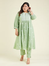 Women's Light Green Pure Cotton Embroidered A-line Kurta Set